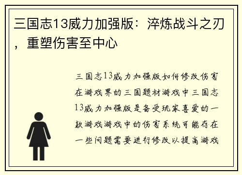 三国志13威力加强版：淬炼战斗之刃，重塑伤害至中心