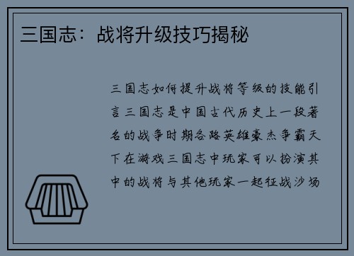 三国志：战将升级技巧揭秘