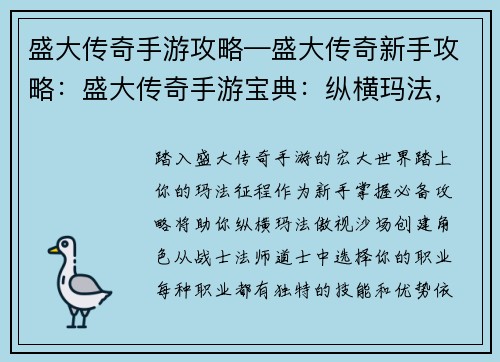 盛大传奇手游攻略—盛大传奇新手攻略：盛大传奇手游宝典：纵横玛法，制霸沙场